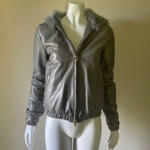 Emilio Pucci grey leather hooded fur lined bomber jacket size 2-4